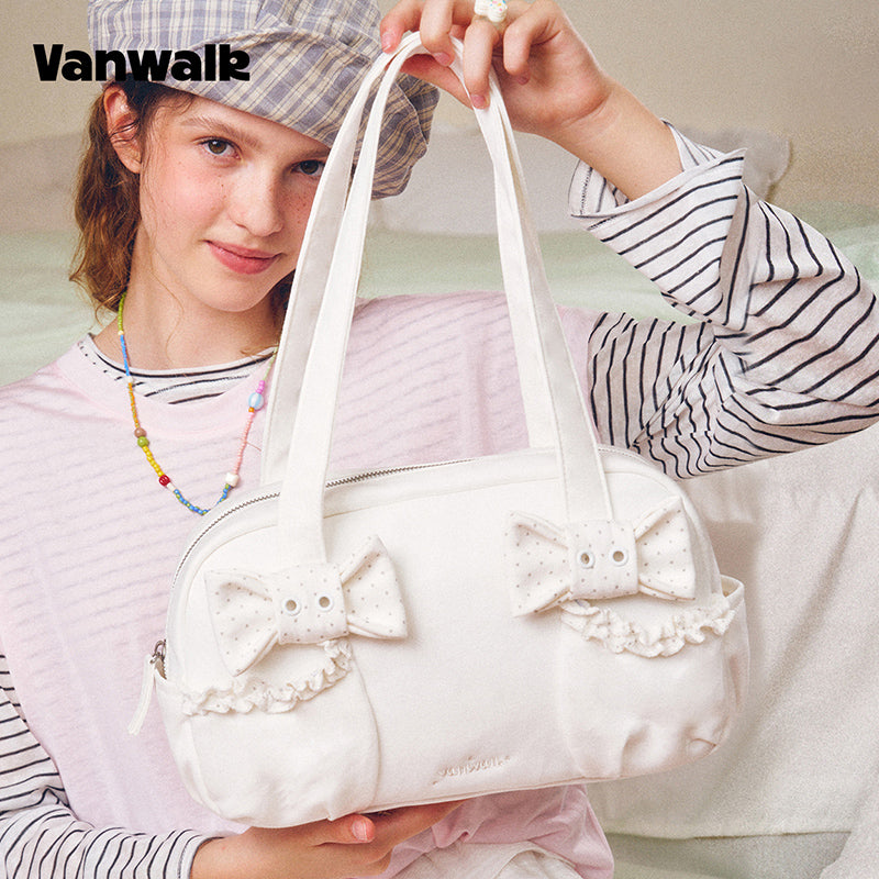 VANWALK Cocoa Pie Series Double Bow Design Underarm Bowler Soft Canvas Bags Shoulder Bag V3110